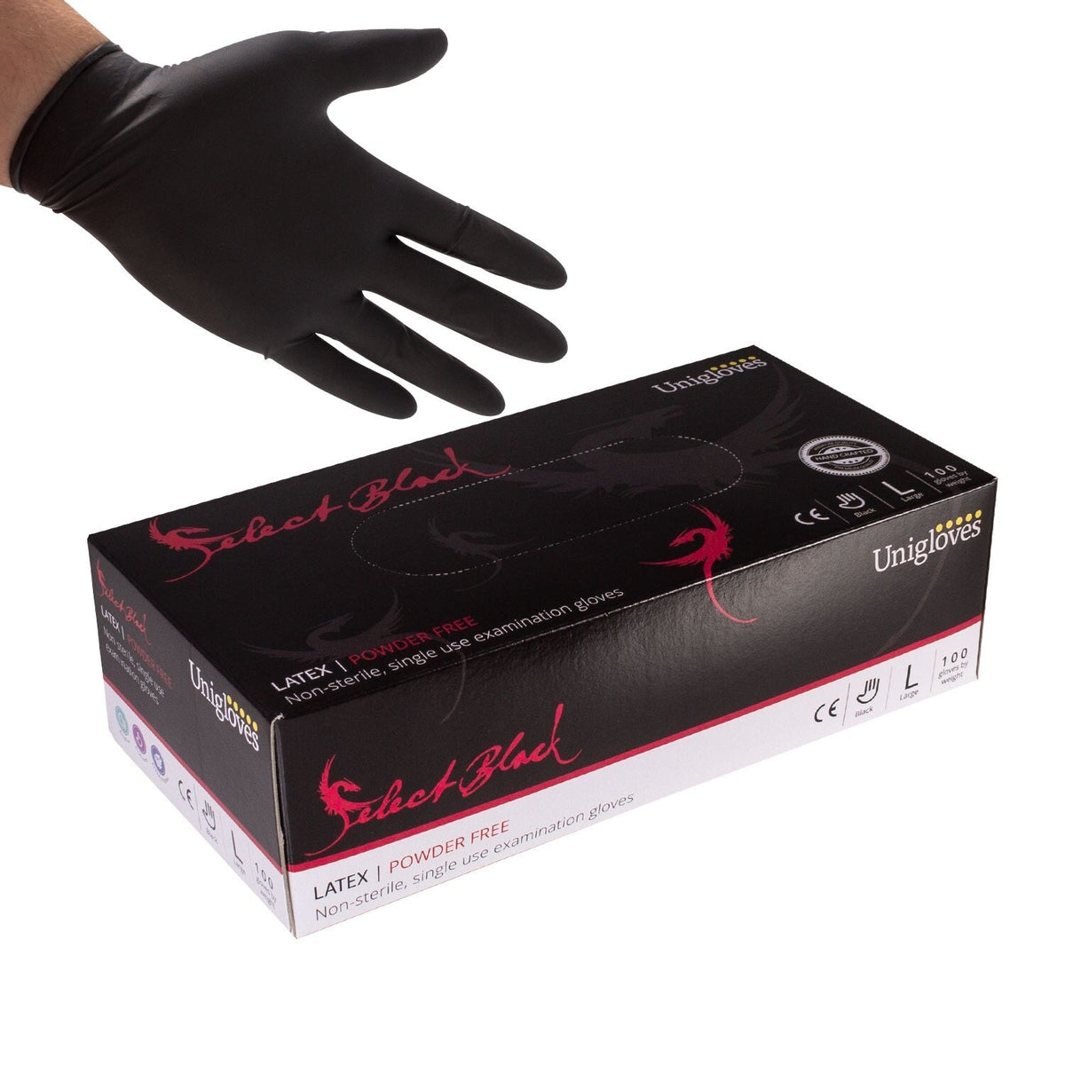 Bild 1: Schachtel mit 100 Unigloves Select – schwarze, puderfreie Latexhandschuhe