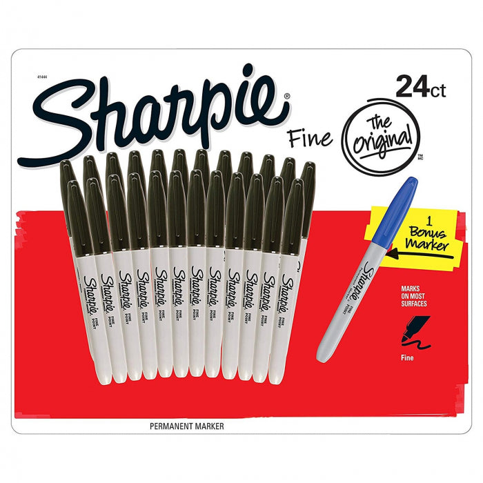 Box of 24 Sharpie Fine Point Black Markers + 1 Blue Marker
