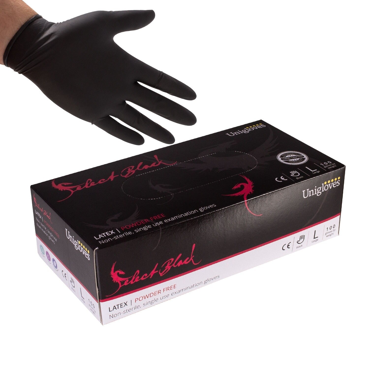 Box of 100 Unigloves Select Black Powder-Free Latex Gloves