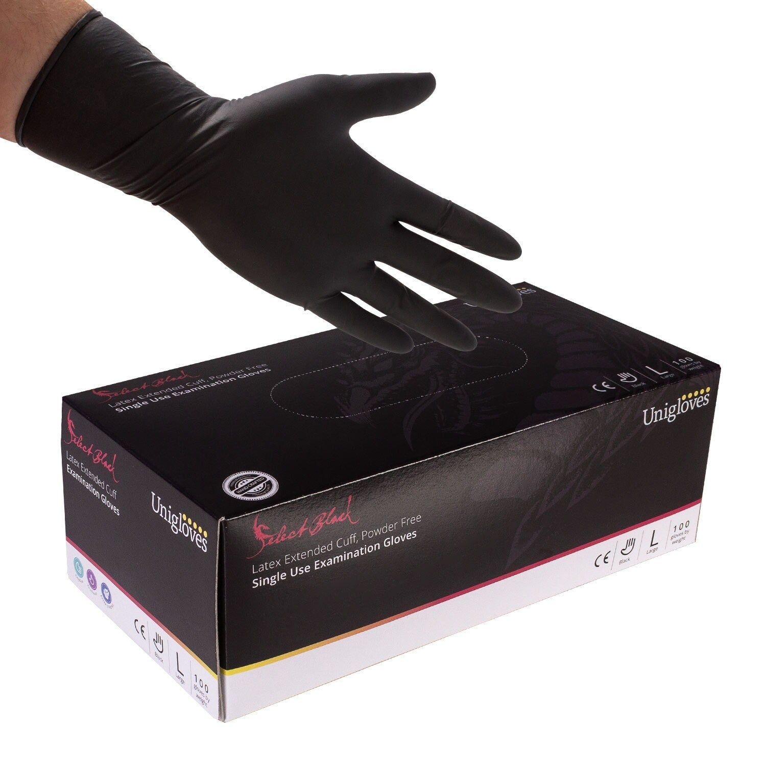 Unigloves Long Cuff Black Latex Gloves 100pc